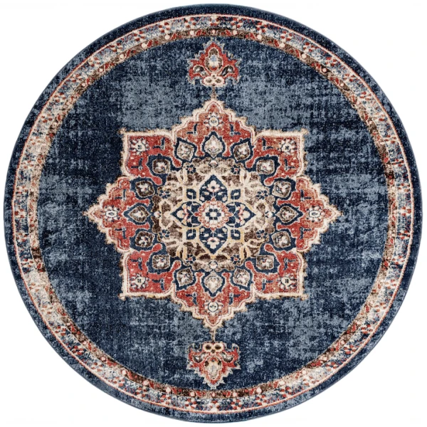 Dark Blue & Beige Round Area Rug